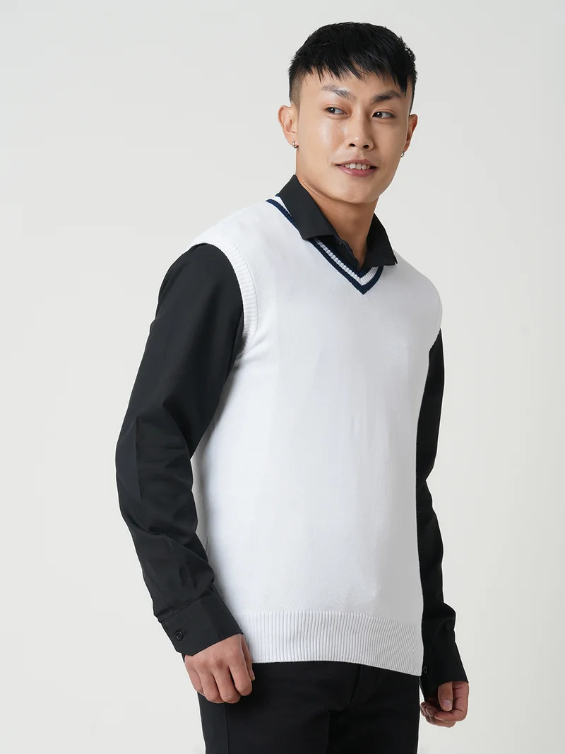 globus Globus Men White V-Neck Sleeveless Cotton Knitted Ribbed Hem Sweater Vest